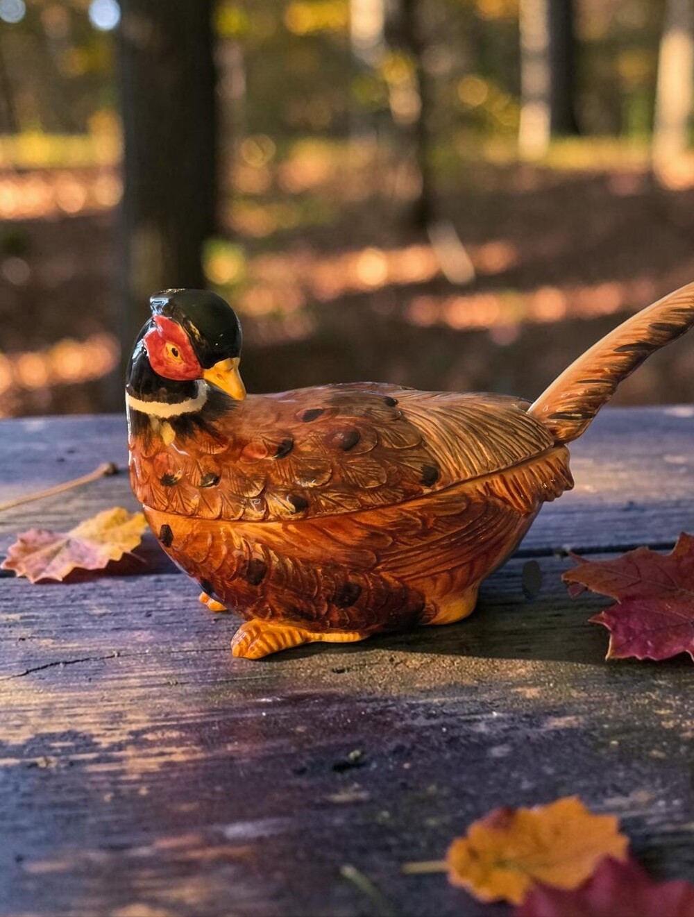 Fitz and Floyd Pheasant Figural Sauce Boat with Lid and Ladle Handpainted Vintag